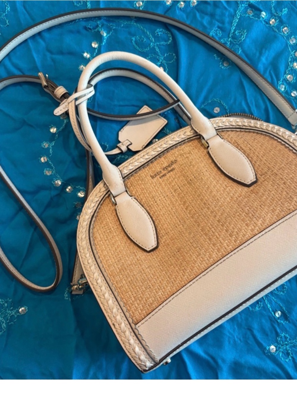 kate spade Reilly: Crème and Beige Raffia Dome Satchel/Crossbody w gold accents